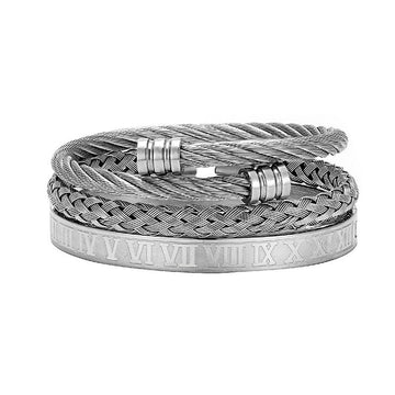 Cross-border Hot Selling Men's Vintage Roman Numerals Stainless Steel Cylindrical Head Braided Titanium Steel Bracelet Bracelet Three-piece Suit